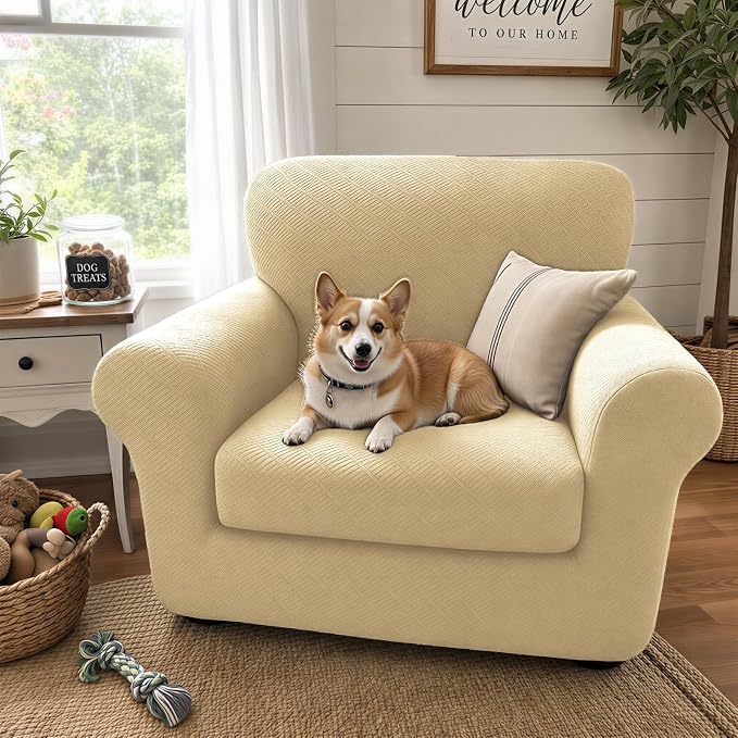 XINEAGE 2026 New 2 Pieces Chair Covers with Arms Super Stretch Chair Slipcover for Living Room Pet Dog Universal Slip Cover Anti Slip Armchair Furniture Protector (Beige), 31"-46"(1 Cushion) - Image 3