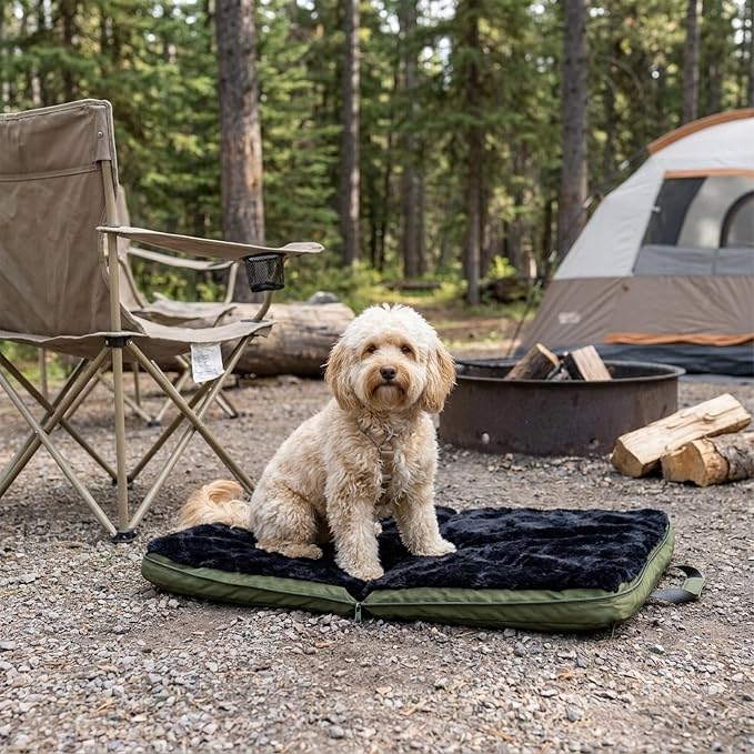 4 Cats & Dogs Gus Travel Bed – Portable Foldable Dog Bed & Pet Cushion Mat with Soft Faux Fur, Water-Resistant Nylon, Zippered Suitcase Design for Camping & Travel- Medium (29.5″ x 39.5″), Army - Image 7