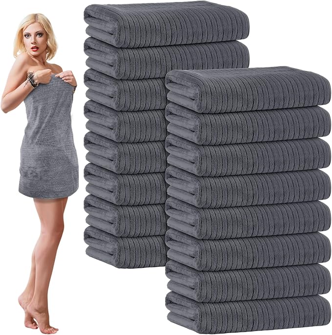 SmoothNovelty 16 Pack Microfiber Bath Towels Bulk 27'' x 60'' Oversized Size Bath Towel Highly Absorbent Extra Large Soft Drying for Beach Shower Summer Salon Sport Gym Party (Stripe,Deep Grey) by SmoothNovelty