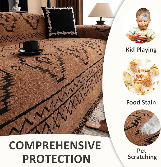 VClife Bohemian Sofa Covers Chenille Couch Cover for Sectional Couch, Soft Non Slip Couch Covers for 3 Cushion Sofa Breathable Sofa Furniture Protector Slip Cover for Couch, Pumpkin, 71"X134" - Image 3