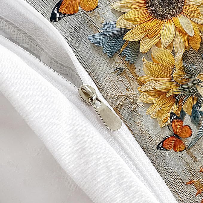 AILONEN Sunflower Floral Duvet Cover Set,Yellow Flower Butterfly Bedding Sets King Size,Farmhouse Wood Country Wooden Comforter Cover with 2 Pillowcase,Soft Microfiber,3Pcs - Image 6