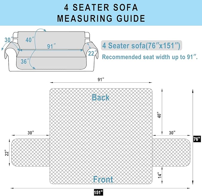 Reversible 4 Seater Sofa Cover 91" Large, Sofa, Dark Grey | Couch Cover Furniture Protector with Foam Sticks Elastic Straps Furniture Protector for Pets Children Dog Cat - Image 7