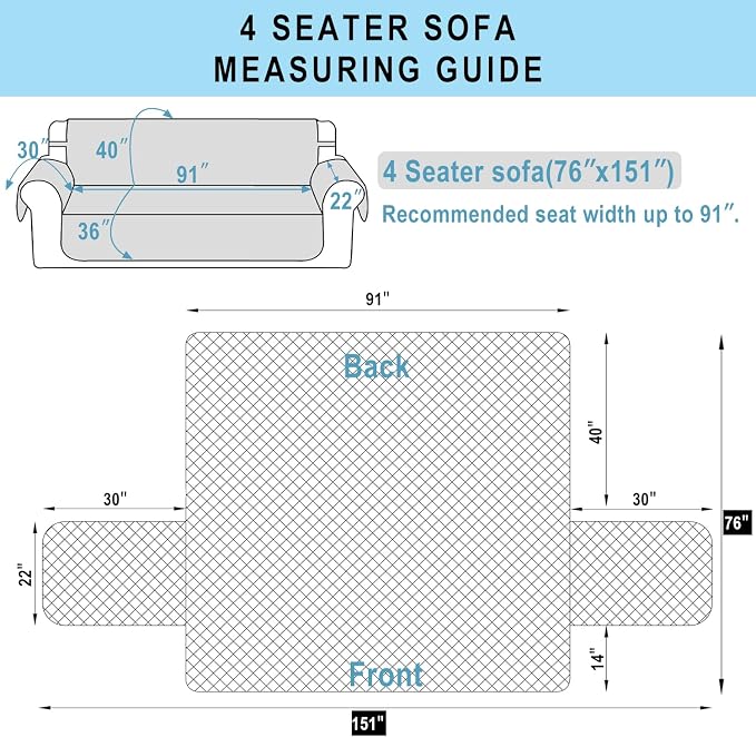 Reversible 4 Seater Sofa Cover 91" Large, Sofa, Black/Black | Couch Cover Furniture Protector with Foam Sticks Elastic Straps Furniture Protector for Pets Children Dog Cat - Image 7