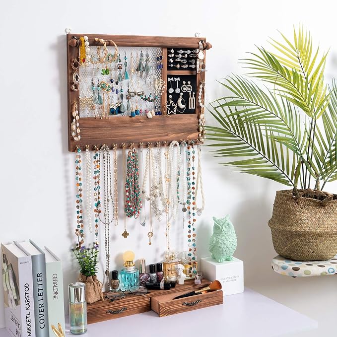 Jewelry Wall Organizer Wall Mounted | Jewelry Hanger Display Rack with Drawers for Earring/Stud/Ring/Necklace/Bracelets Accessories Bangles Holder Girls Gift - Image 2