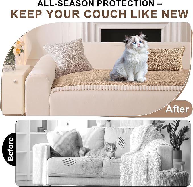 OTOB Couch Cover for Dogs Washable, Non Slip Plush Fuzzy Sofa Covers for 3 Cushion Couch All Seasons, Kids Pet Friendly Soft Cozy Furniture Protector Sofa Slipcovers (Khaki, 27.6" x 82.7") - Image 2