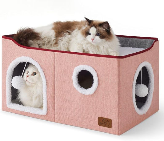 Bedsure Extra Wide Cat House Bed with Fluffy Ball and Scratch Pad,Pink | 23.6x16.9x13 in,Indoor Cat Cave for Multiple Pets, Foldable Cat Hideway Cube for Sleeping Large Cat and Kitten by Unknown