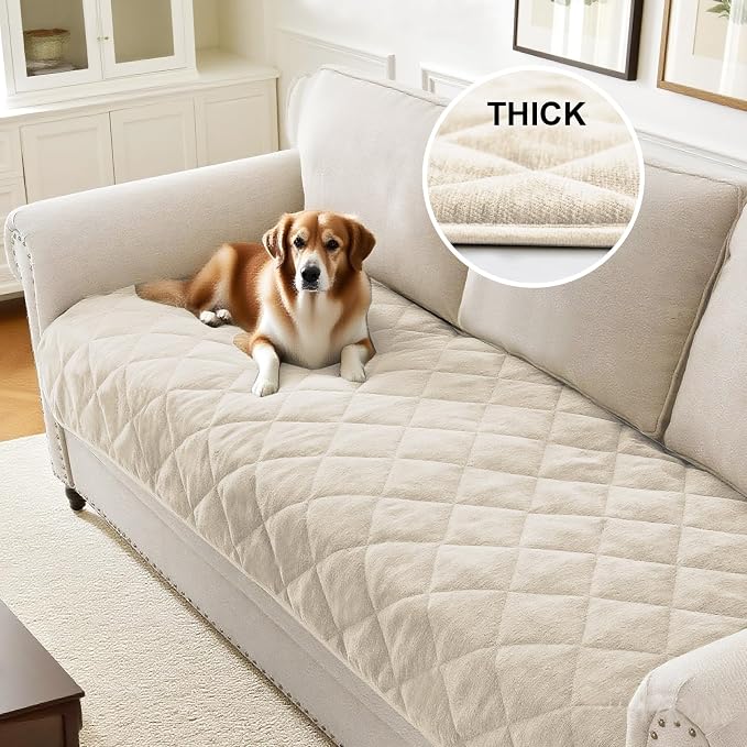 PrinceDeco Couch Covers for Dogs Chenille Sofa Covers for 3 Cushion Washable Quilted Checkered Fuzzy Pet Couch Cover Soft Couch Protector Non-Slip Sofa Pads for Puppy Cat Kids(34.5" x 70", Ivory) - Image 2