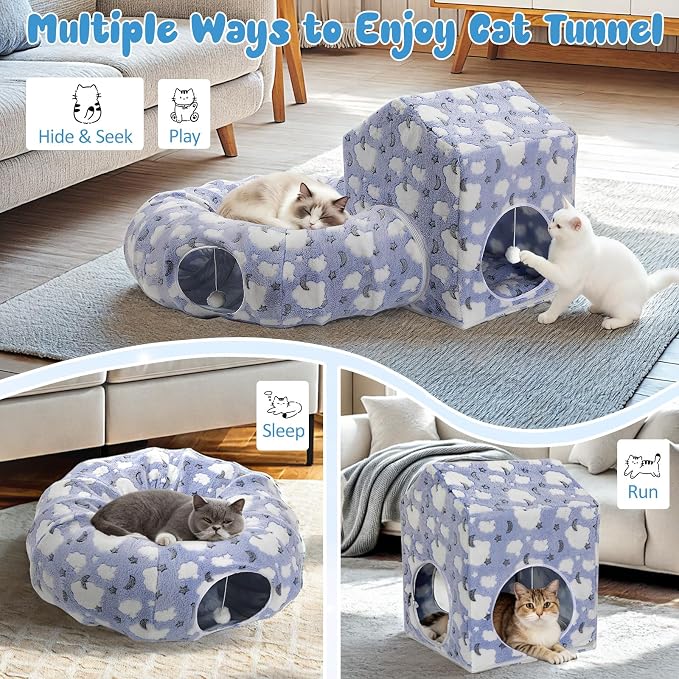 Pawaboo Cat Tunnel Bed for Indoor Cats, Cute Cat Donut Tunnel with Square House, Peekaboo Pet Cave Play Tunnels with Cave for Kitten/Rabbit, Basic Soft Blue - Image 3