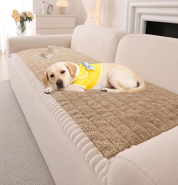 OTOB Couch Cover for Dogs Washable, Non Slip Plush Fuzzy Sofa Covers for 3 Cushion Couch All Seasons, Kids Pet Friendly Soft Cozy Furniture Protector Sofa Slipcovers (Khaki, 27.6" x 82.7") by OTOB
