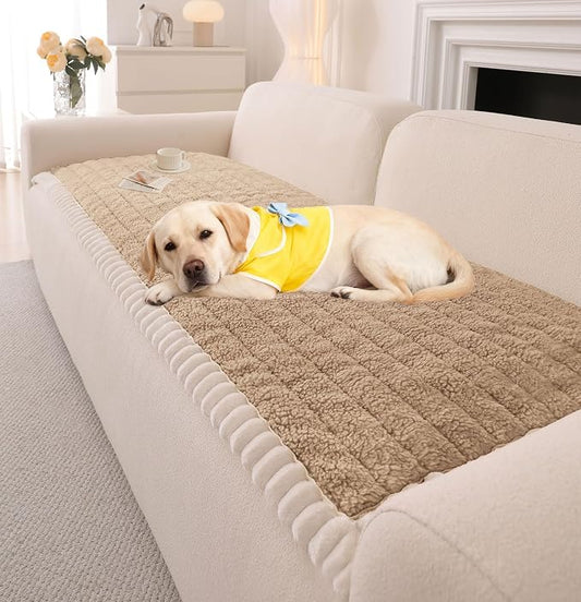 OTOB Sofa Covers for 3 Cushion Couch Washable, All Seasons Fuzzy Non Slip Kids & Pet Friendly Dog Bed Mats Couch Cover, Soft Plush Sofa Slipcovers Furniture Protector (Khaki, 27.6" x 70.9'') by OTOB