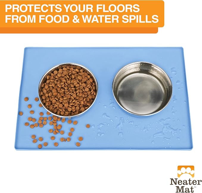 Neater Pet Brands Neater Mat Pet Mats for Food and Water, Cat & Dog Bowl Mat Waterproof Silicone, Feeding Tray, Dog Food Mats for Floors, Placemat w/Raised Edge for Under Bowls, 32" x 24", Light Blue - Image 2