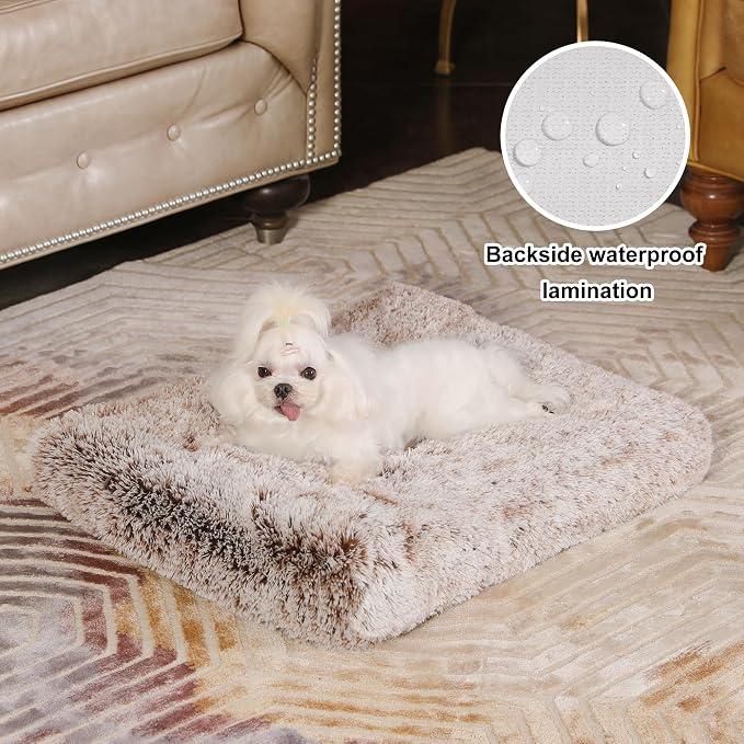 Bedfolks Waterproof Crate Bed, Plush Dog & Cat Bed with Removable Washable Cover, Faux Fur Kennel Pad, 21"x13", Brown - Image 2