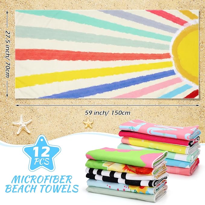 Newwiee 12 Pieces Large Microfiber Beach Towel Set Oversized 59 x 27.5 Inch Beach Pool Towel Bulk Quick Dry Lightweight Colorful Soft Absorbent for Adults Travel Swimming Supplies(Blue Unicorn) - Image 2