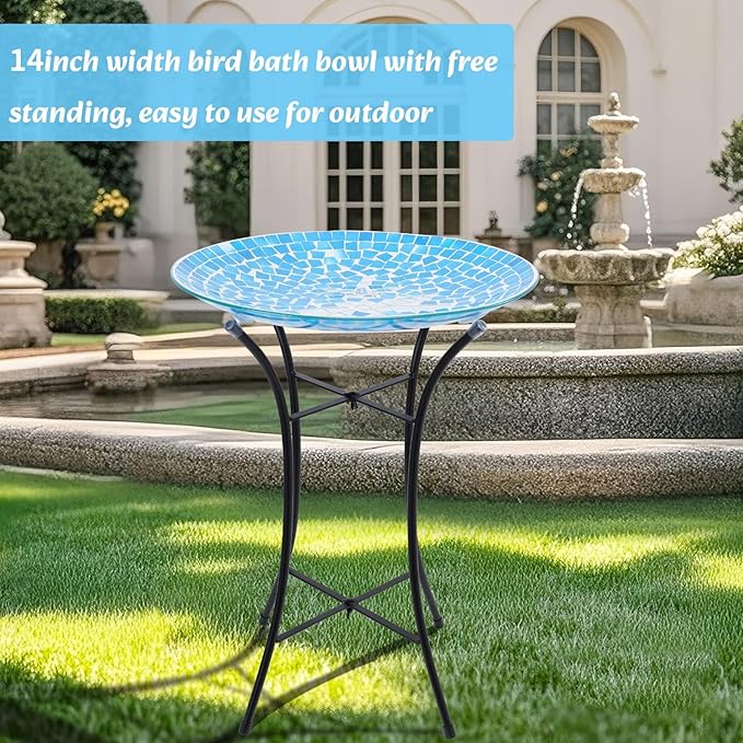 MUMTOP Mosaic Glass Bird Baths with Metal Stand Garden Decor, Dragonfly | 14 Inch Width 19.68 Inch Height Outdoor Garden Dragonfly Bird Bath Bowl, Unique Glass Birdbaths Bird Feeder for Yard Decor - Image 4