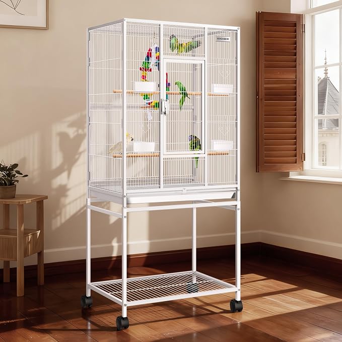VIVOHOME 54 Inch Wrought Iron Large Bird Cage with Rolling Stand | Bird Flight Cage with Stand, Casters, Slide-out Tray for Parakeets Canaries Parrot Cockatiels Lovebirds Conures, Whtie by VIVOHOME
