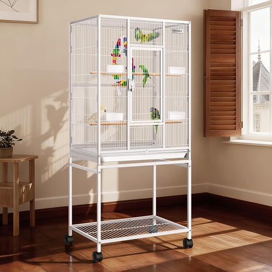 VIVOHOME 54 Inch Wrought Iron Large Bird Cage with Rolling Stand | Bird Flight Cage with Stand, Casters, Slide-out Tray for Parakeets Canaries Parrot Cockatiels Lovebirds Conures, Whtie by VIVOHOME