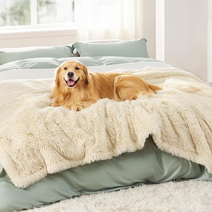 Bedsure Waterproof Dog Blankets for Large Dogs, Fluffy Faux Fur, 60×80" | Plush Fuzzy Reversible Pet Blankets for Couch and Bed, Soft Calming Throw Blanket Washable, Dog Gift, Twin Size,Cream by Unknown
