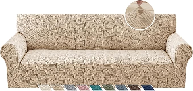 YEMYHOM 1 Piece Stretch Oversized Couch Covers for 4 Seat, Jacquard Extra Large Sofa Cover with Non-Slip Elastic Bottom, Thickened Slipcover Furniture Protector for Dogs Pets (X-Large, Khaki） by YEMYHOM