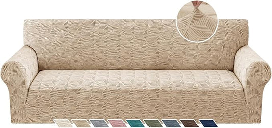 YEMYHOM 1 Piece Stretch Oversized Couch Covers for 4 Seat, Jacquard Extra Large Sofa Cover with Non-Slip Elastic Bottom, Thickened Slipcover Furniture Protector for Dogs Pets (X-Large, Khaki） by YEMYHOM