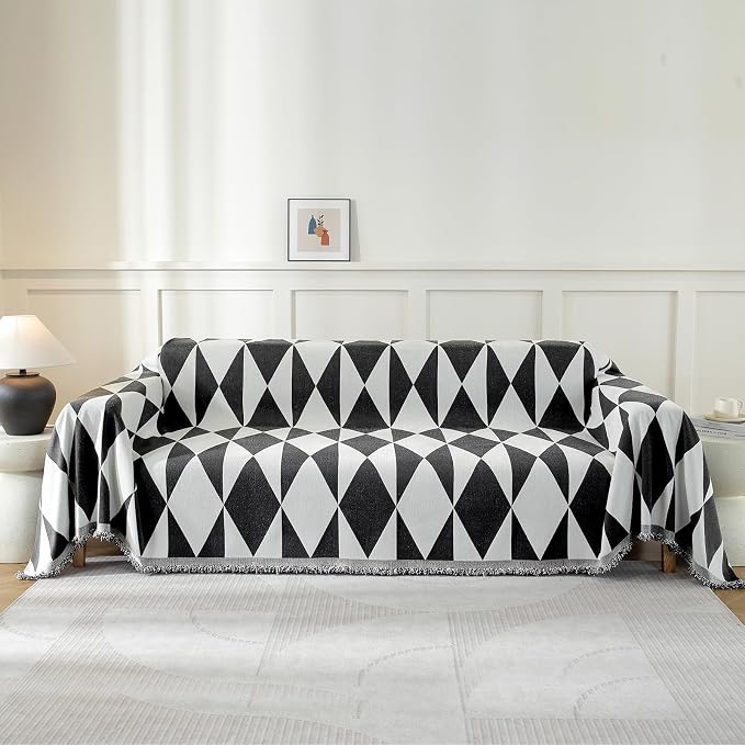 Couch Cover for Sofa, Boho Sofa Cover Washable Couch Cover for Dogs, Pet Sofa Cover for 2-Cushion Couches with Tassel Furniture Protector Cover,71" x 118",Black & White-Diamond by YSTELLAA
