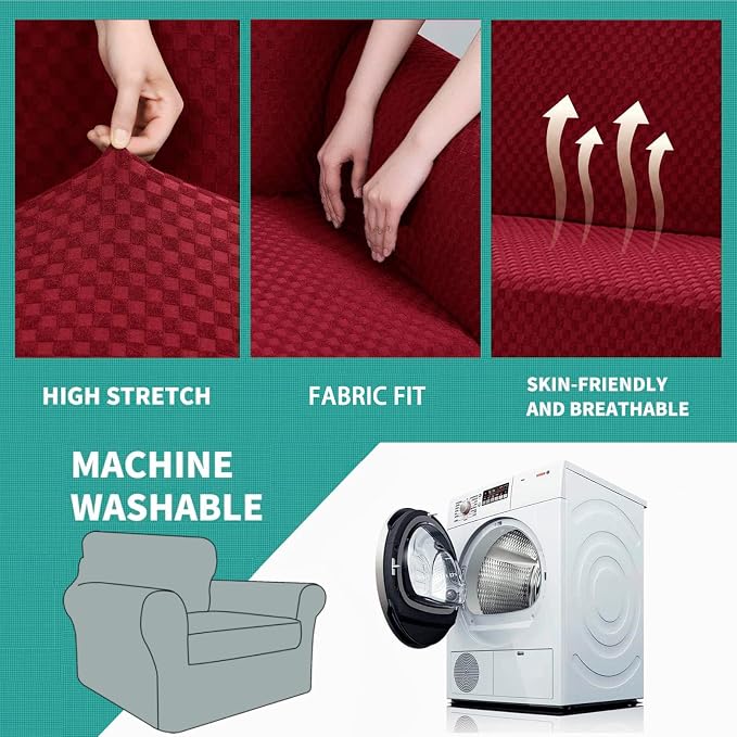 YEMYHOM Latest Checkered 2 Pieces Chair Covers for Living Room High Stretch Thickened Chair Slipcovers with Arms Elastic Armchair Sofa Couch Slipcover Protector (Wine Red), 31"-46"(1 Cushion) - Image 5