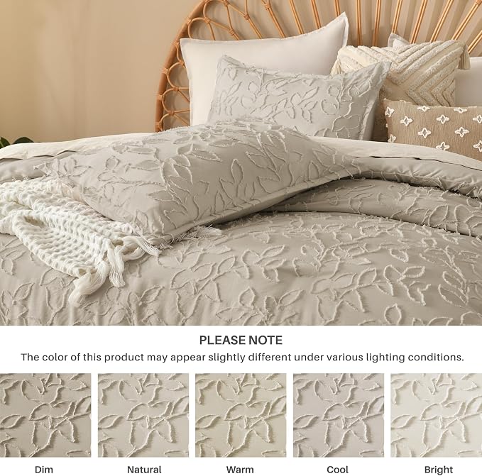 Litanika Oversized King Size Comforter Set Oatmeal, 3 Piece Boho Tufted Bedding, Fluffy Farmhouse Bed Set for All Season with 2 Leaf Pattern Pillowcases（120x98In） - Image 6