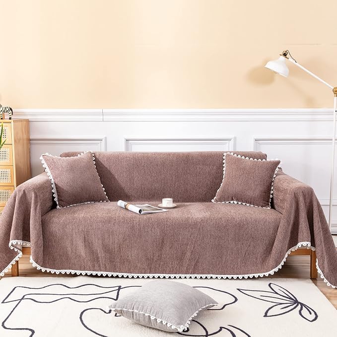 VClife Bohemian Brown Sofa Cover, Washable Pet Couch Covers for 3-4 Cushion Couch Sofa, Breathable Skin-Friendly Home Decor for Living Room Sofa Furniture Protector Futon Cover with Lace 71"X150" - Image 2