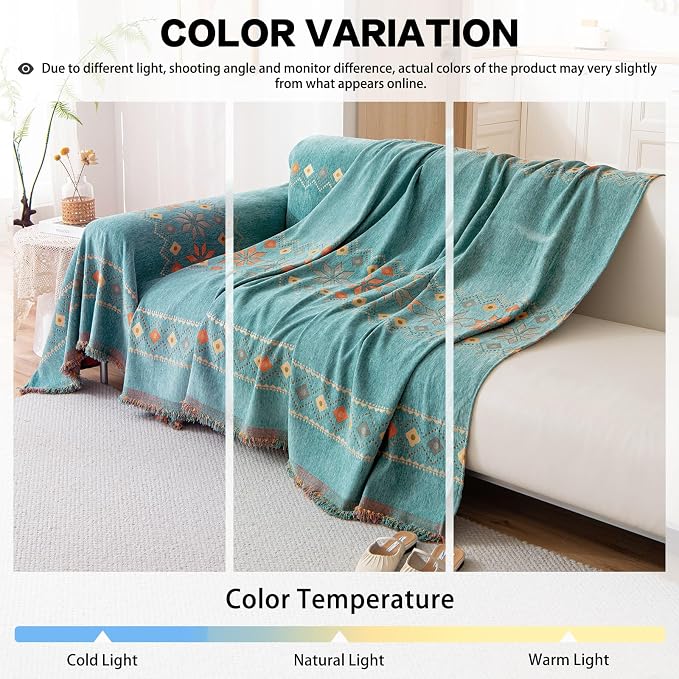 DREAMINGO Teal Boho Couch Cover Jacquard Chenille Sofa Covers Washable 3 Seater Sofa Protector for Pets Kids Modern Bohemain Sectional Couch Slipcovers for Living Room, 71"x134" - Image 5