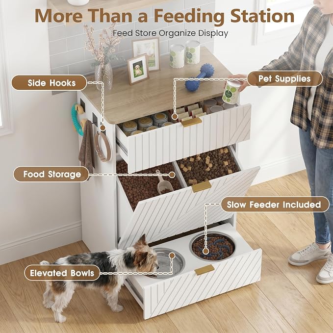 Dog Feeding Station Cabinet, Elevated Bowls with Slow Feeder Insert, White | Slow Feeder Insert, Large food bin, Removable Divider, 3 Side Hooks, Pull-Out Drawer, Easy to Clean for Small & Middle Dogs - Image 2