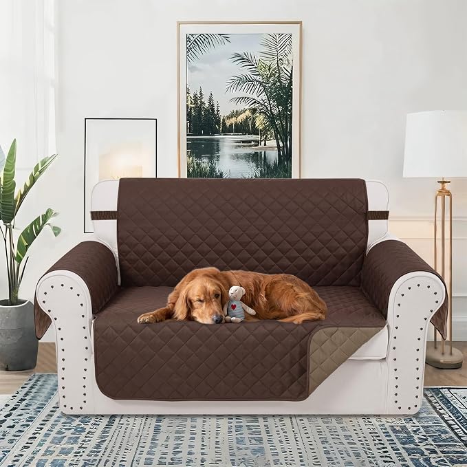 Reversible Loveseat Couch Sofa Covers, 2-Seater, Chocolate | Loveseat Covers for Dogs Water Repellent, Friendly Furniture Protector with Elastic Straps for Living Room - Image 2