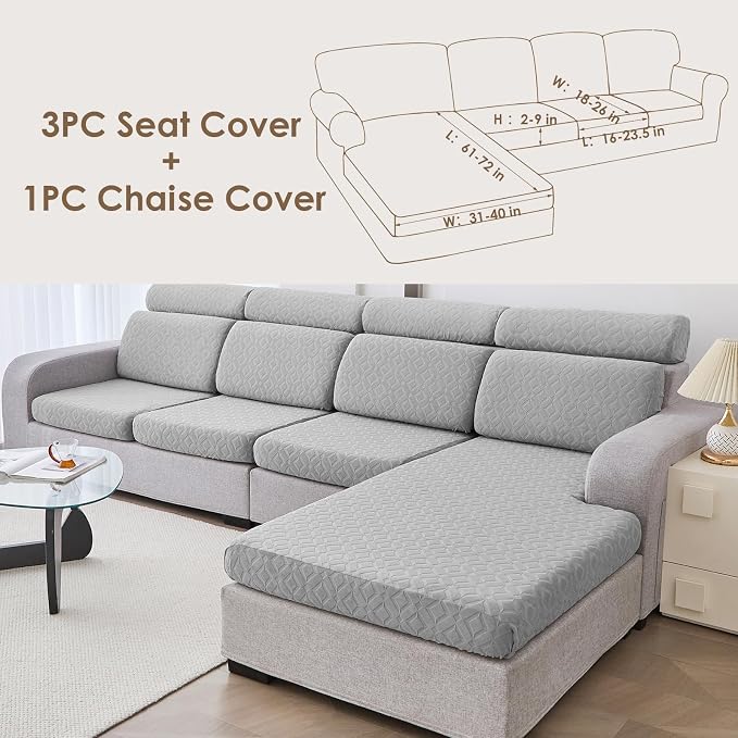 Genina Waterproof Couch Cushion Covers for Sectional Sofa L Shape Cover | Non Slip,Stretch Jacquard Fabric,Pet Hair & Scratch Protection,Easy Installation,Furniture Protector,3 Seater+1 Chaise - Image 6