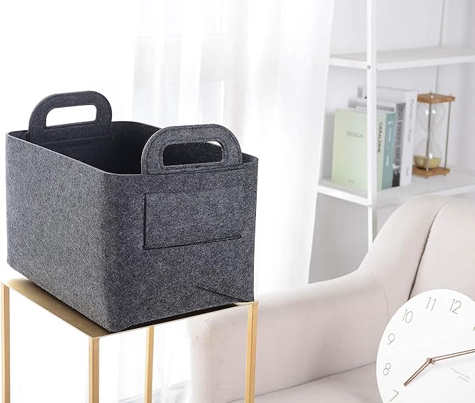 Minoisome Storage Basket Felt Storage Bin Collapsible& Convenient Box Organizer with Carry Handles for Office Bedroom Closet Babies Nursery Toys Laundry (Dark grey, 15.7inch（L）×11inch（W）×10inch（H）) - Image 4