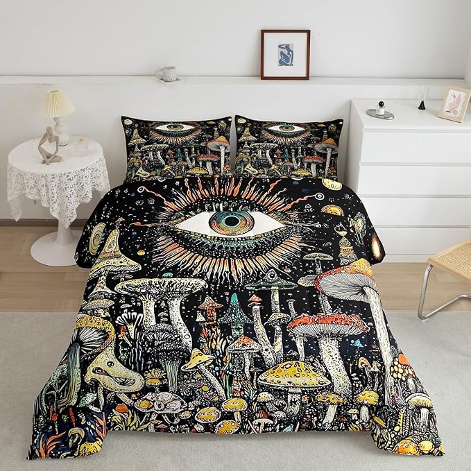 Watercolor Mushroom Comforter Sets Toddler Size,Nature Burgundy Plant Bedding Comforter for Kids Girls Boys,Botanical Leaves Starry Quilt Sets for Bedroom Decor,Duvet Insert,1 Pillowcase,Black Yellow by Manfei