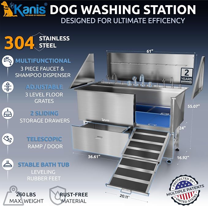 KANIS Professional Dog Washing Station 304 Stainless Steel Pet Wash Sink | Grooming Bathtub w/Shower, Floor Grates and Storage for Large, Medium & Small Pets - Image 2