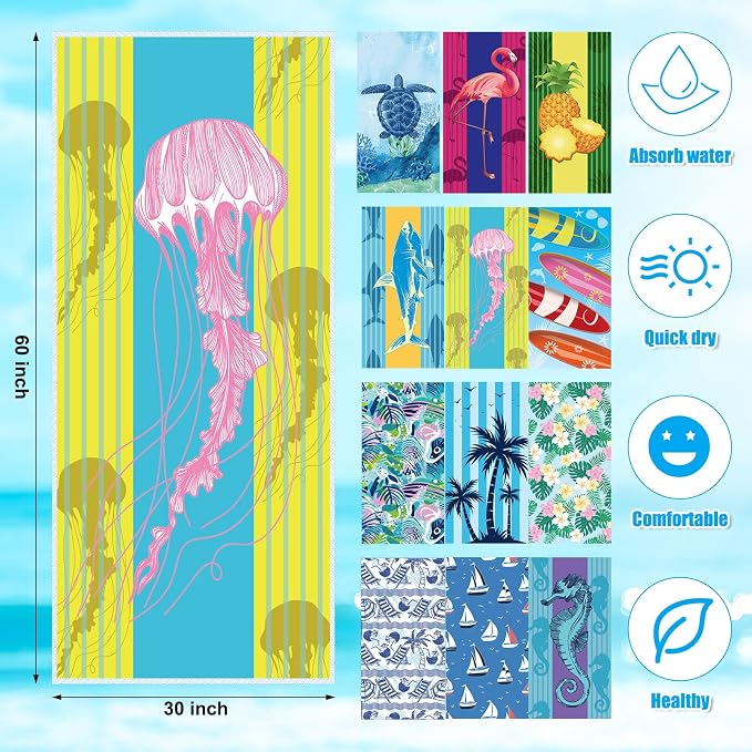 12 Pcs Oversized Microfiber Beach Towels Set 30 x 60 Extra Large Fiber Swim Pool Towel Absorbent Bath Blanket for Travel Vacation Accessories Gift Spa Soft Lightweight (Summer) - Image 2
