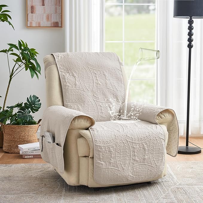 Large Beige Recliner Chair Covers, Quilted Décor Water-Repellent Lazy Boy Chair Covers, Pet Friendly Large Recliner Cover for Dogs Cats, Washable Couch Cover (Recliner 30", Beige Cream) - Image 2