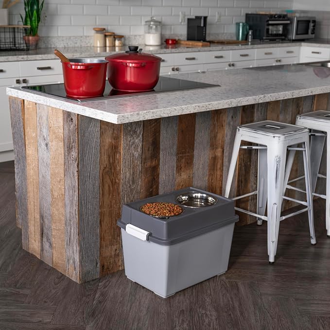 IRIS USA Dog Bowls Elevated with Storage, 15" H Raised Feeding Station, Dog Bowl Stand with Airtight Food Storage Holds 47 lbs, 2 Removable 64 oz Stainless Steel Bowls for Large Dogs, Gray/Dark Gray - Image 7