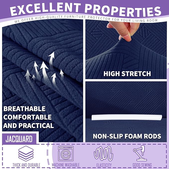 ZNSAYOTX 4 Piece Stretch Sofa Covers (71"-91"), Thick Striped Couch Covers for 3 Cushion Sofa with Elastic Band Bottom Ties Non-Slip Stay in Place, Soft Durable Washable Couch Slipcovers, Navy Blue - Image 4