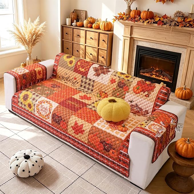 Cmfshape Thanksgiving Sofa Slipcover-Orange Checkered with Pumpkin,Pet Friendly Couch Covers for 3 Cushion Sofa,Washable Sofa Protector for Holiday,Anti-Slip with Elastic Band - Image 2