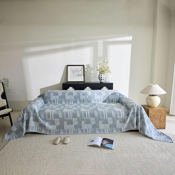 DREAMINGO Vintage Patchwork 3-Layer Gauze Geometric Jacquard Sofa Cover, Farmhouse Couch Cover Blanket for 3 Seater, Living Room Washable Furniture Protector, Denim Blue, 91"x150" by DREAMINGO
