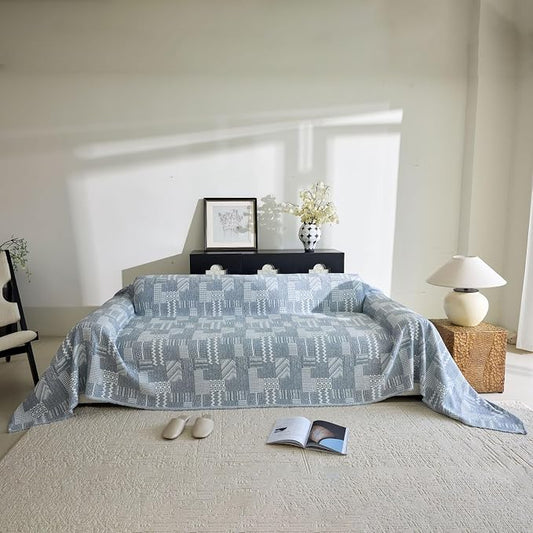 DREAMINGO Vintage Patchwork 3-Layer Gauze Geometric Jacquard Sofa Cover, Farmhouse Couch Cover Blanket for 2 Seater, Living Room Washable Furniture Protector, Denim Blue, 91"x118" by DREAMINGO