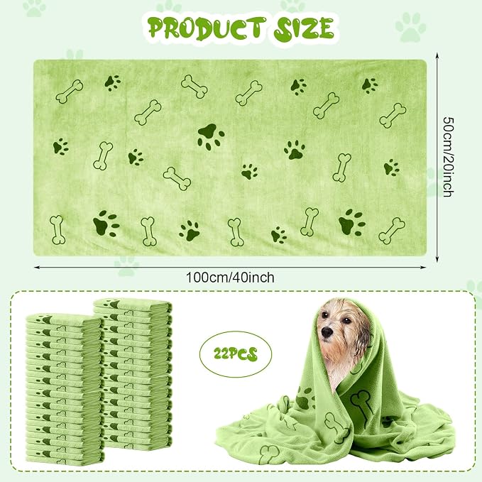 Tatuo 22 Pcs Dog Towels for Drying 20 x 40 Inch Pet Bath Towels Absorbent Microfiber Towel Quick Drying Puppy Bathing Supplies for Small Medium Large Dog Puppy Cat(Green,Bone Pattern) - Image 2
