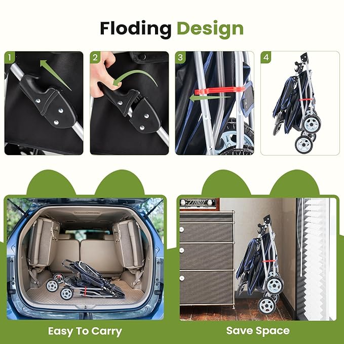 DUMOS 4 Wheels Pet Stroller for Small Dogs and Cats – Foldable Dog Stroller with Mesh Windows, Storage Basket & Cup Holder, Lightweight & Durable Pet Carrier for Travel, Outdoor Use – Black