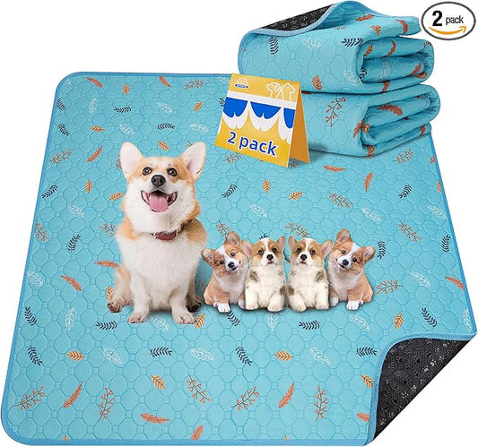Sunheir Washable Pee Pads for Dogs 2-Pack Reusable Puppy Pet Training Pads, Waterproof Dog Crate, Whelping Pad, Non-Slip Protects Against Urine Leakage (Leaves - Sky Blue, 36x41) F-U1 by SUNHEIR