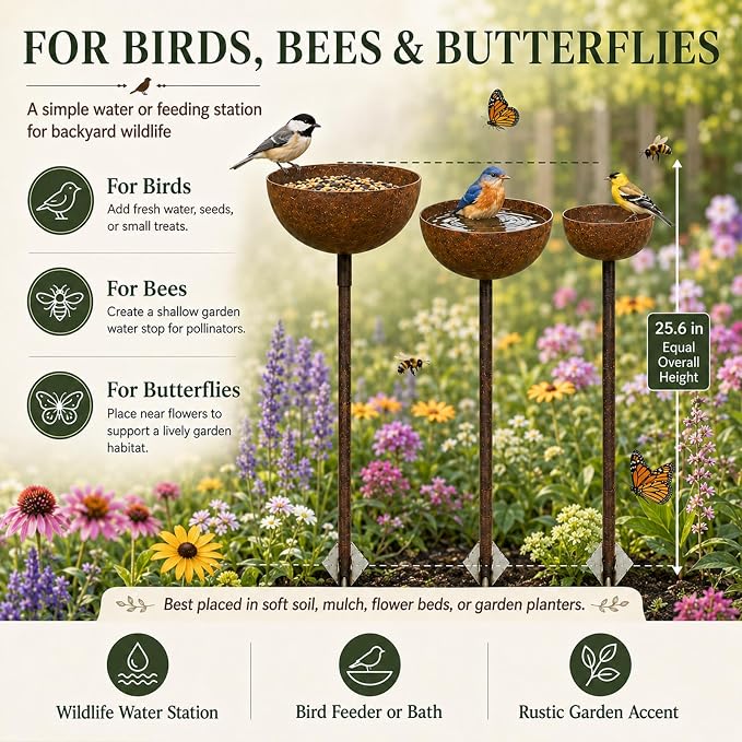 3 Pack Rustic Metal Bird Bath Stake Set for Outdoors, Garden Bird Bath Bowls with Ground Stakes, Bird Feeder Rain Catcher Wildlife Water Station for Birds, Bees & Butterflies - Image 4