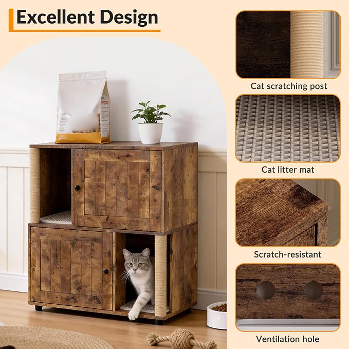 Litter Box Cabinet, Hidden Cat Litter Box Furniture with Dual Compartments, Odor Control & Scratch-Resistant Panels, Compact Enclosure for Multiple Cats, White Black Grey - Image 5