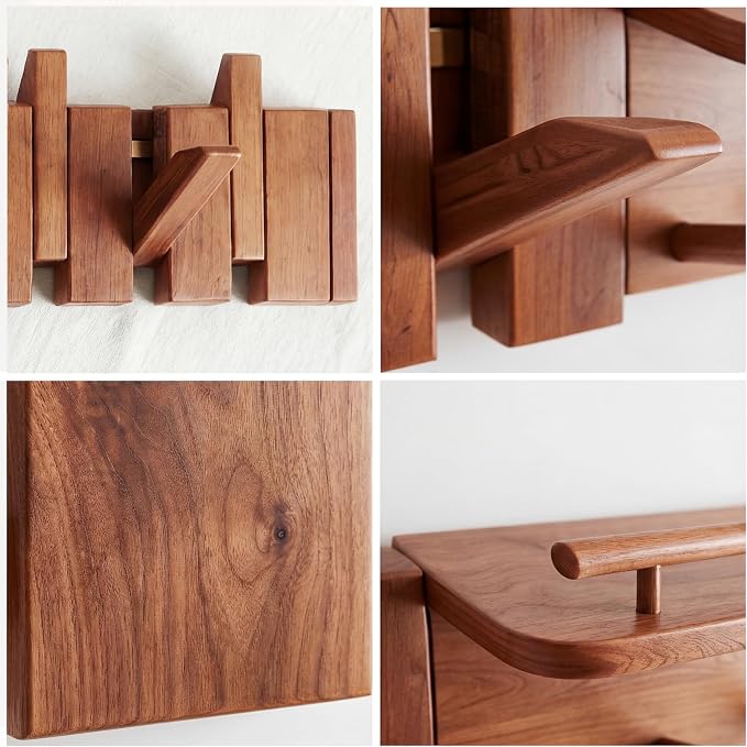 Mid Century Modern Wood Coat Rack Wall Mount with Shelf, 7 Hooks, Walnut | Wood and metal wall rack with fold-down piano-key hooks and display shelf organizes coats, bags, keys and decor up to 25 lb. - Image 7