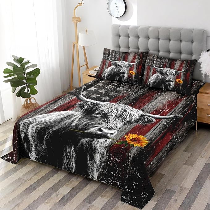 WeCozy Queen Size Bed Sheet Sets with Pillowcases, Highland Cow Animal 4 Pcs Soft Microfiber Bedding for Kids and Adults, Farm Bull American Flag Flat, Fitted Sheet for Bedroom Bed Decor - Image 4