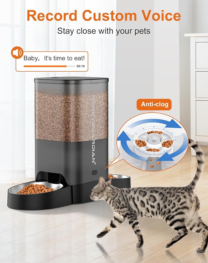 HoneyGuaridan 5L Automatic Cat Feeder for Two Cats, 2.4/5G WiFi Smart Feed Pet Feeder with Stainless Steel Bowl,APP Control Dispenser, Dual Power Supply,Desiccant Bag,10s Meal Call Black - Image 5