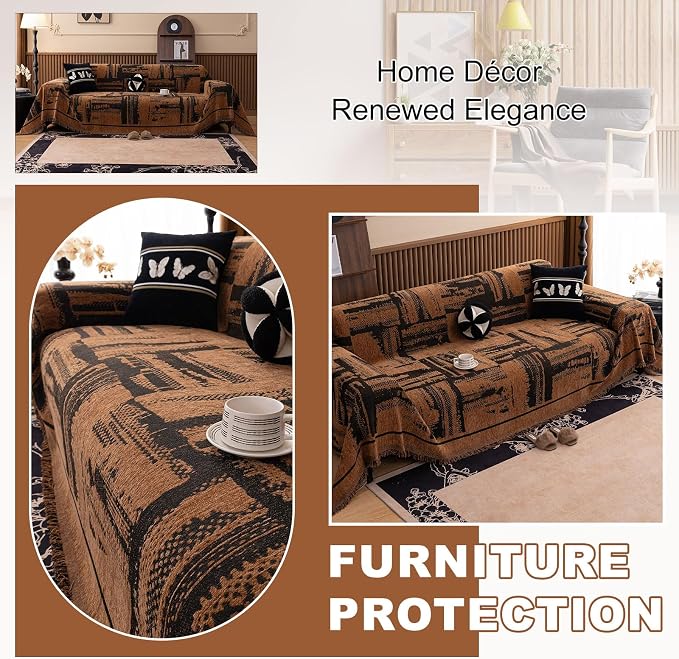 ROOMLIFE Dark Brown Couch Cover 3 Cushion Sofa, Washable Non Slip Furniture Sofa Protector Cover, Soft Chenille Sofa Slipcovers Sectional L Shape Dogs Couch Cover Throw Blanket with Tassels71''X118'' - Image 5